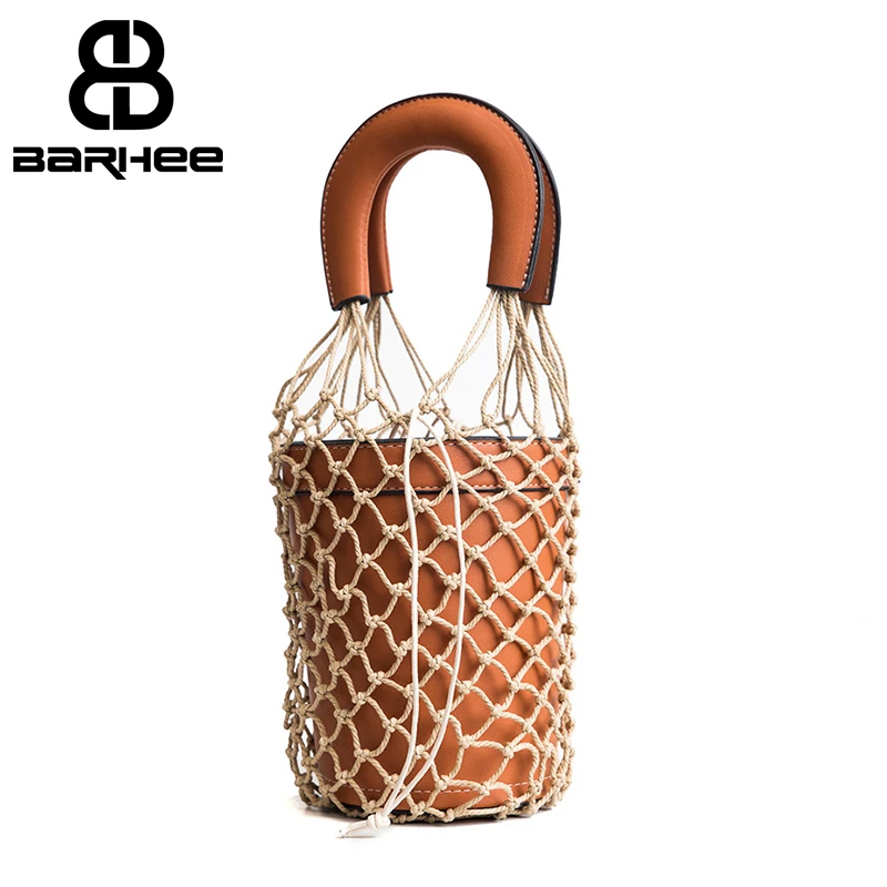 

BARHEE New Hollow Out Mesh Women Handbag Net Knitting Famous Brand Bucket Tote Bag PU Leather Beach Bags Fashion High Quality