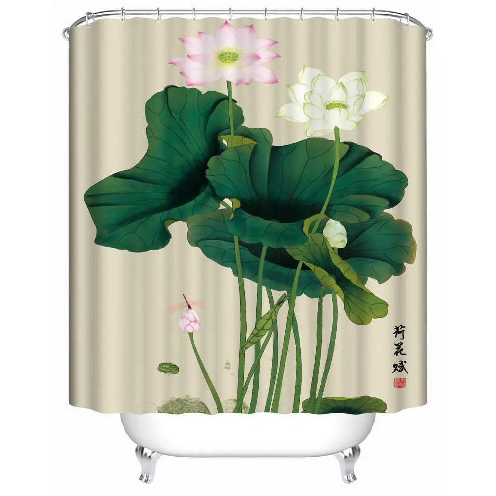 Lotus Polyster Bathroom curtain Leaf with Pink and White Blossom Fabric