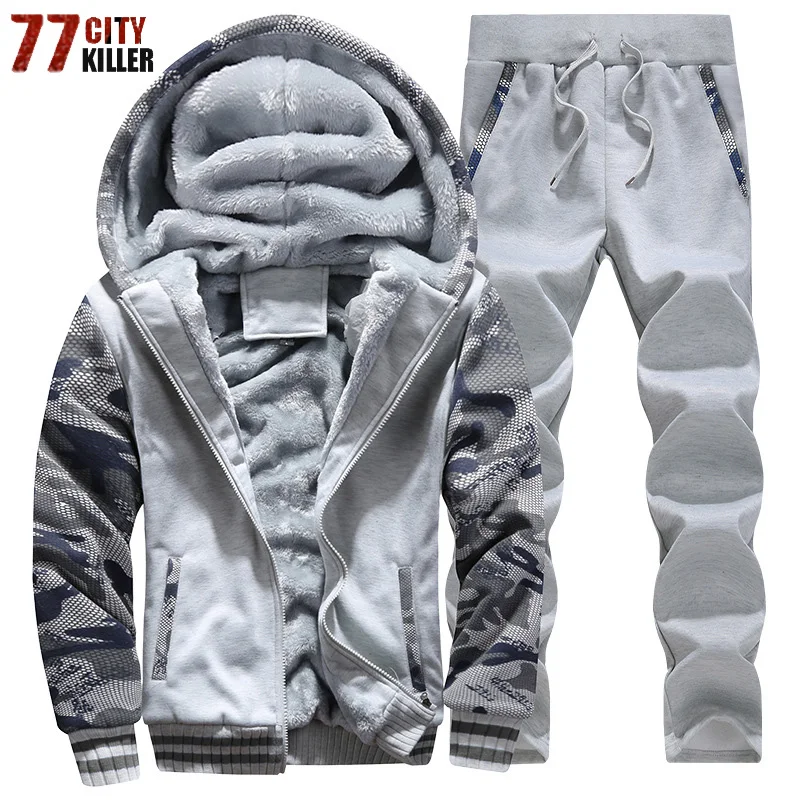 

Tracksuit Men Sporting Fleece Thick Hooded Men Jacket+Pant Warm Fur Inside Winter Sweatshirt Men's Clothing Set Plus Size M-4XL