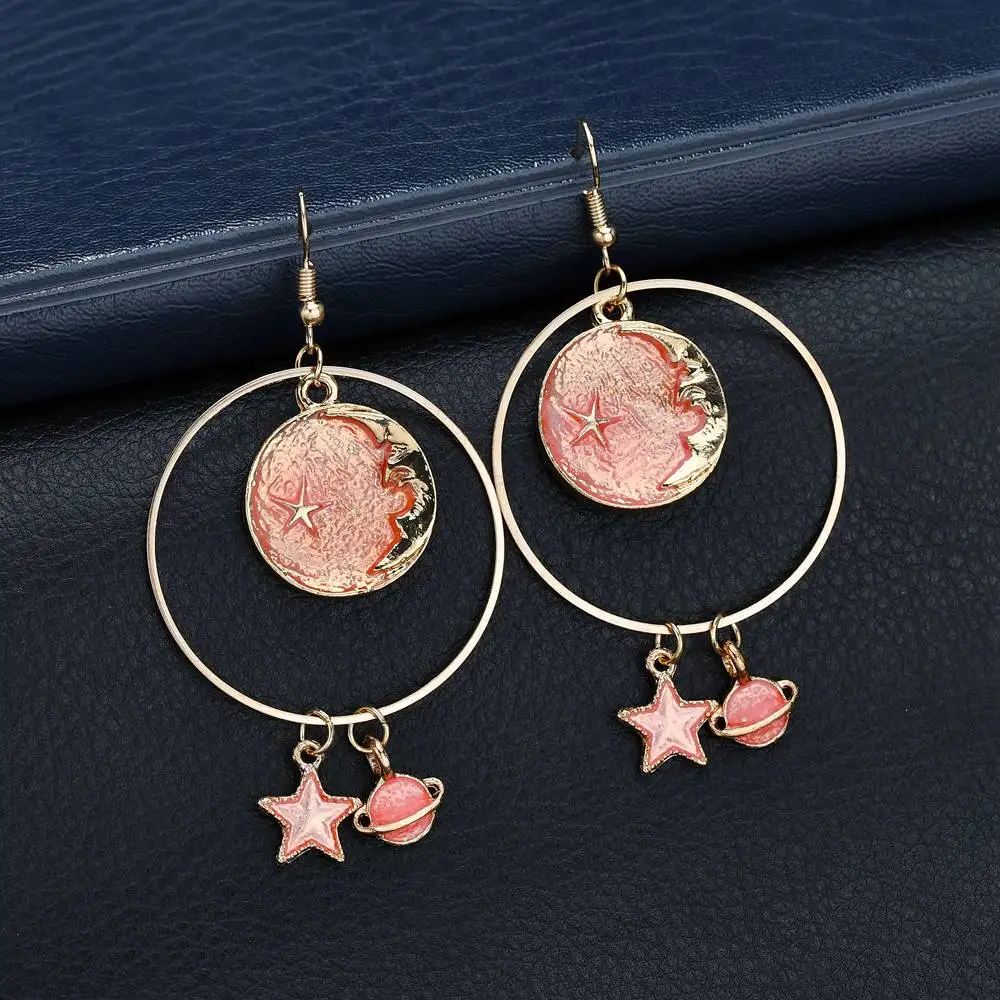 Terreau Kathy 2018 New Korean Style Jewelry Blue Star Moon Long Drop Earrings For Women Asymmetric Round Planet Earrings Fashion