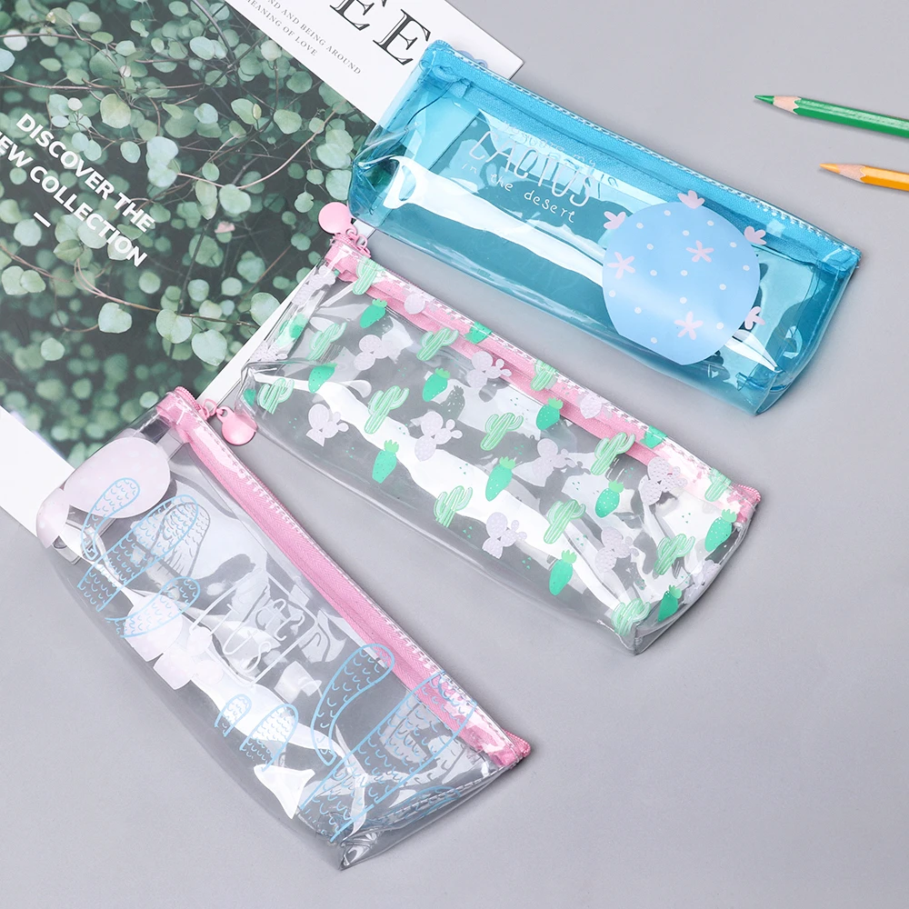 1 PC Cute Pencil Case Cactus Transparent Gift School Pencil Box Handbags Waterproof Travel Bag School Stationery