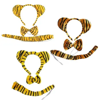 

3 Pcs/set Cute Tiger Ear Pattern Headband Bow Tie Set Halloween Headwear Adult Masquerade Party Props Kids Boys Girls Dress Up H