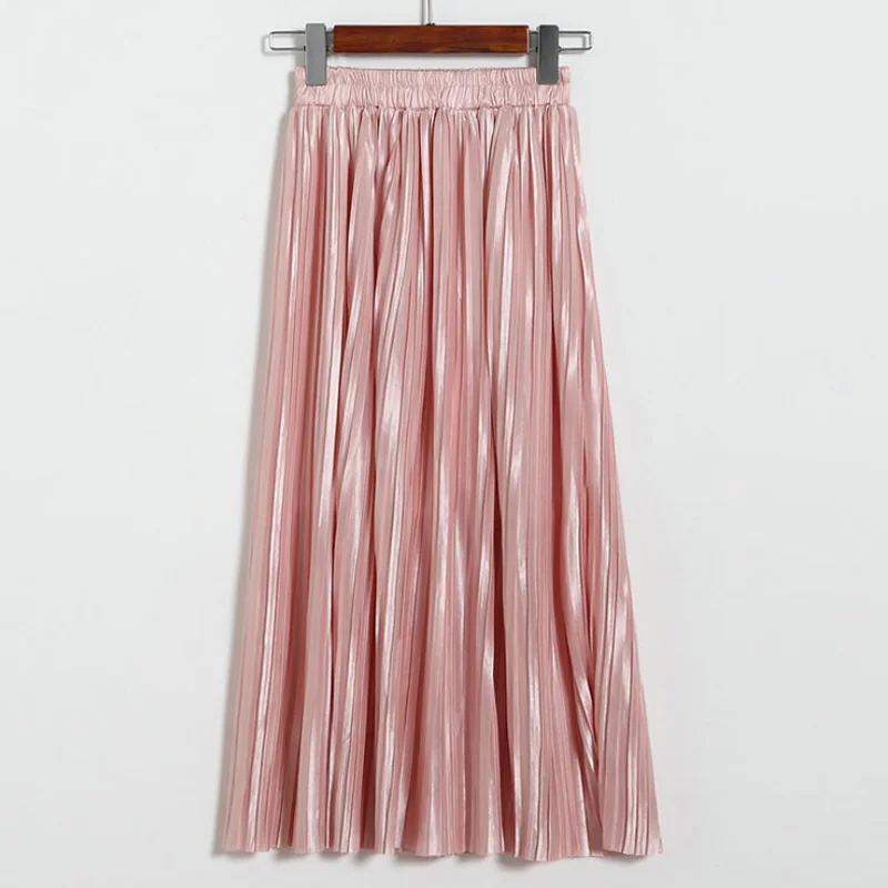 Aonibeier Women Pleated Skirt Long Skirt Elastic High Waist Midi Skirt Autumn Sexy Fashion Female Vintage Metallic Skirts Womens - Цвет: Pink