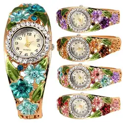 2018 популярный бренд роскошный женский большой цветок лист Группа кристалл горный хрусталь браслет платье наручные часы
