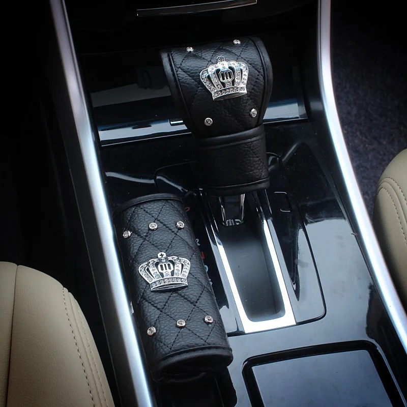 

Fashion Leather Gear Shift Cover Crown Crystal Rhinestones Diamond Shifter Gear Hand Brake Covers Auto Interior Accessories