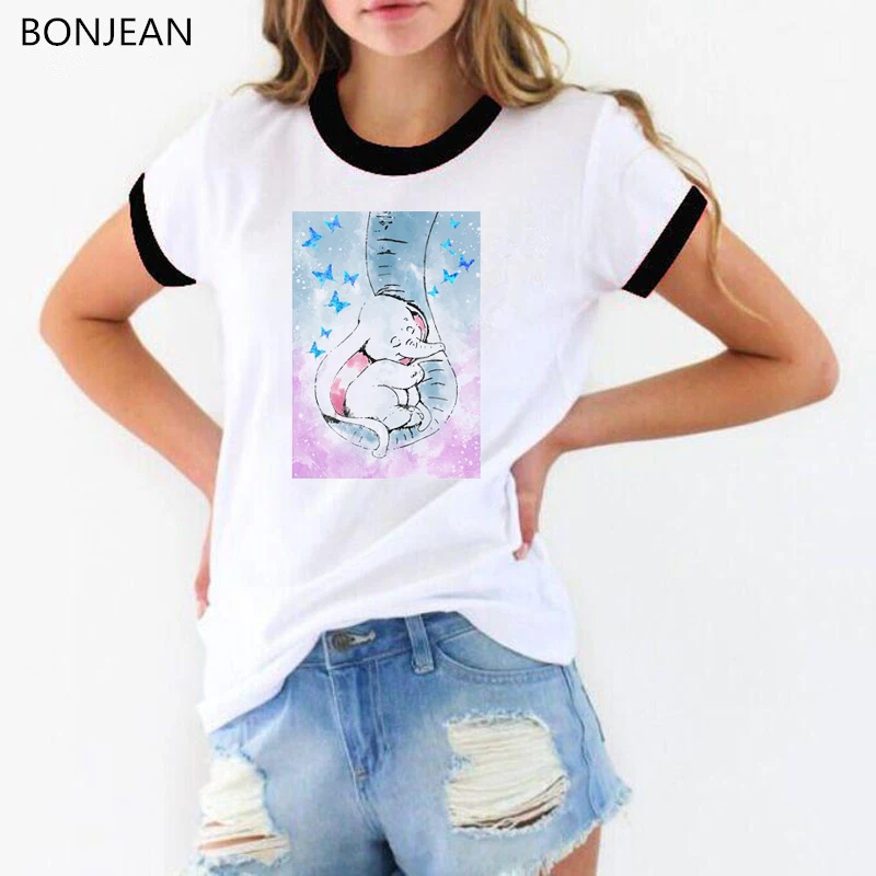 

Funny watercolor Dumbo and his mother elephant Print T Shirt Women super mom Animal Tshirts femme Harajuku kawaii t-shirt tops