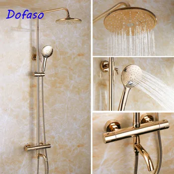 شراءDofaso الذهب الحمام ترموستاتي صنبور دش مجموعة جدار جبل جميع النحاس الذهبي المطر صنبور دش مجموعة Thermosta