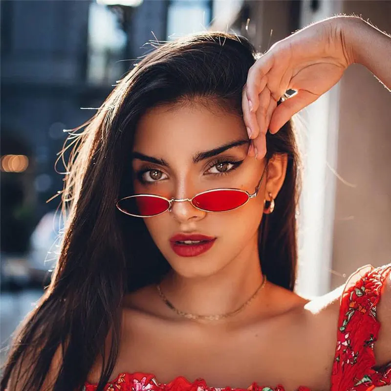 

Trend 2019 Narrow Oval Glasses Retro Brand Designer Women Men Hip Hop Sun Glasses Red Yellow Cute Small Sunglasses Metal Oculos