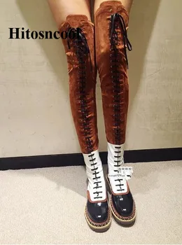 

Retro Women Over The Knee Boots Ladies Patchwork Real Leather Suede Long Boots Chain Cross-tied Flat Heels Martin Boots Woman