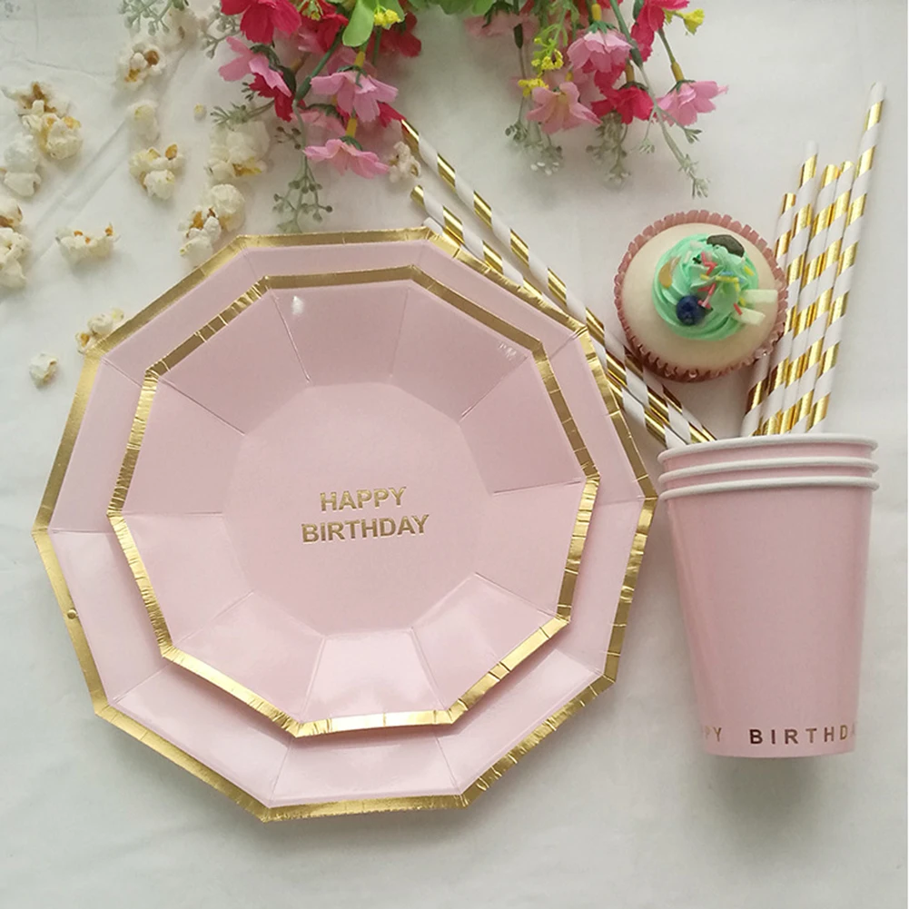 Золотой Полосатый счастливый день рождения одноразовая посуда набор бумажные тарелки и стаканы соломки для дней рождения вечерние