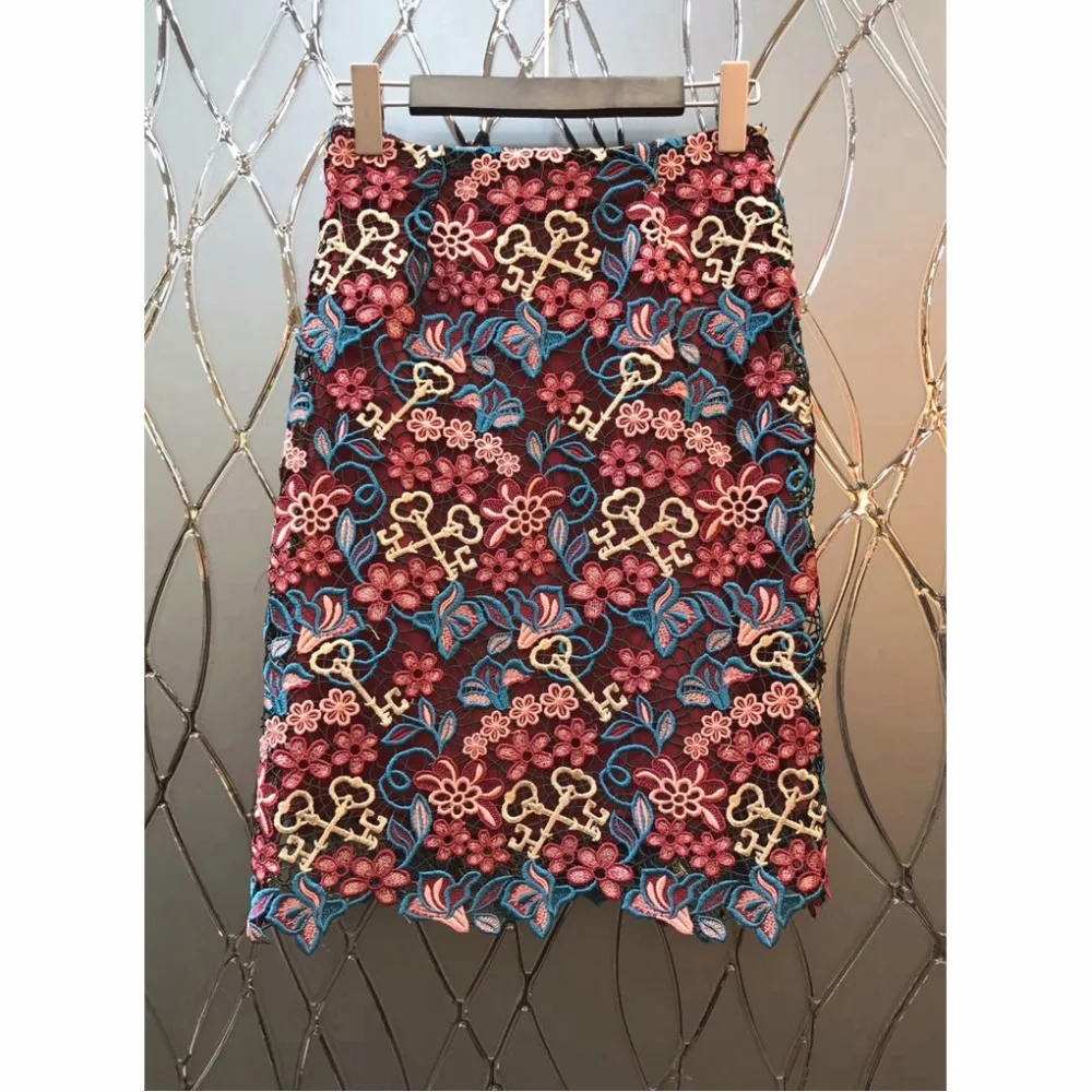 

Luxury Designer Brand Lace Skirt for Women Vintage Keys Embroidery Water Soluble Flowers A Line Skirt