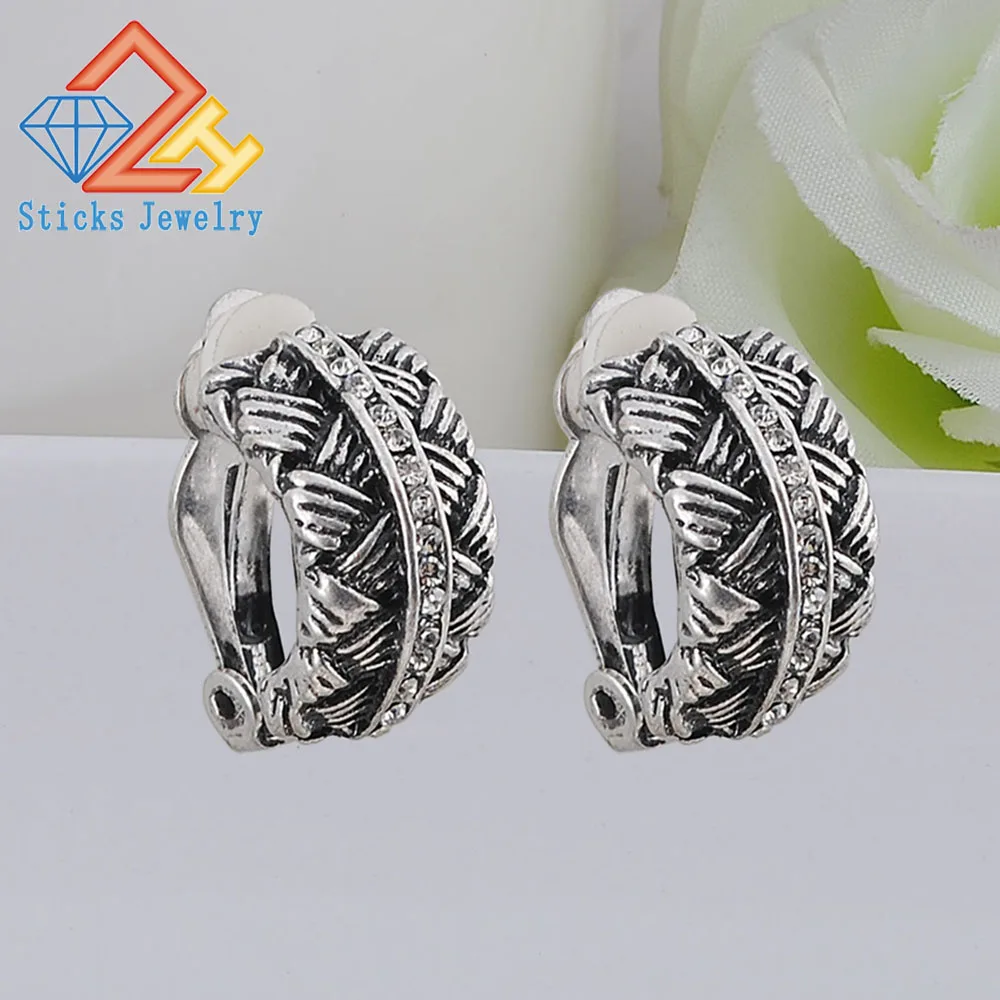 

New Vintage Silver Color Rhinestone Ear Clip Earrings for Women Punk Style Geometry Earrings Metallic Party Jewelry