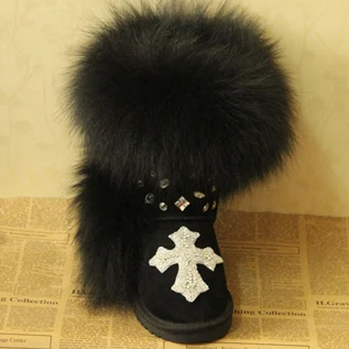 Модные стильные высокие зимние женские сапоги с натуральным лисьим мехом; botas; зимняя обувь из натуральной кожи; высокие сапоги; высокое качество - Цвет: Черный