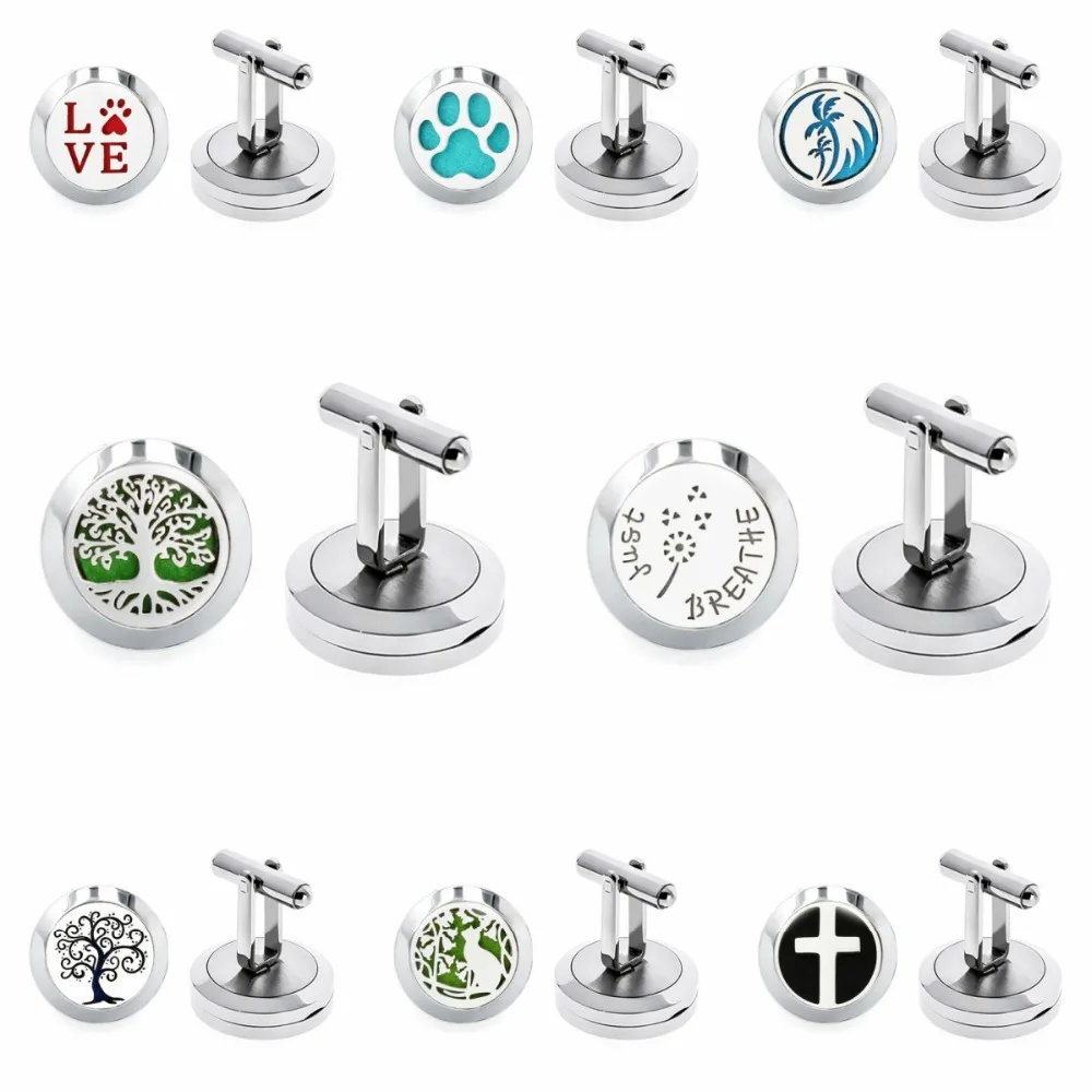 

1pair 20mm Cufflinks Diffuer Locket Cuff Link Tree of Life Love Paw Stainless Steel Aroma Essential Oil Cuff Button 20pcs Pads