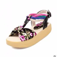 Womens Floral Printing Ankle wrap Cloth Lesiure Round toe Buckle Flat Low heel Balance Sandals big size 41 42 Lady Beach Shoes