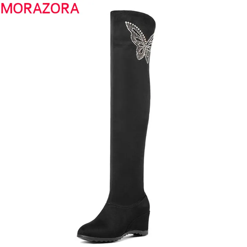 

MORAZORA 2018 new arrive boots women flock round toe short plush autumn winter knee high boots zipper casual wedges shoes woman