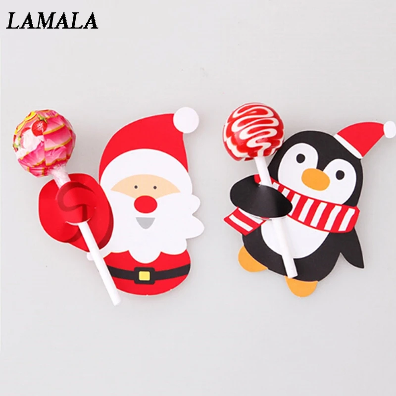 50PCS Kids Santa Claus Penguin Lollipop Christmas Paper Card Candy Xmas Good Natal Decorations For Home