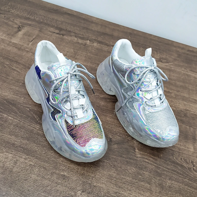 Женские Серебристые кроссовки для бега, визуально увеличивающие рост, с яркими блестками и прозрачной подошвой; женская обувь для тренировок; обувь на платформе