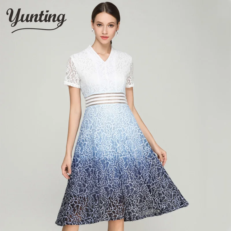 

2019 New Summer White Lace Dress Women A-line Work Casual Slim V-neck Sexy Hollow Out Gradient Blue Dresses Vintage Vestidos