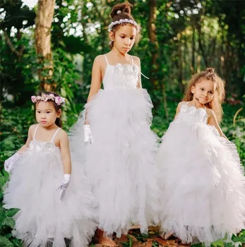 

Unique Flower Girl Dress with Handmade Flowers Feathers Spaghetti Straps Sexy Back Customized Princess Dress For Various Party