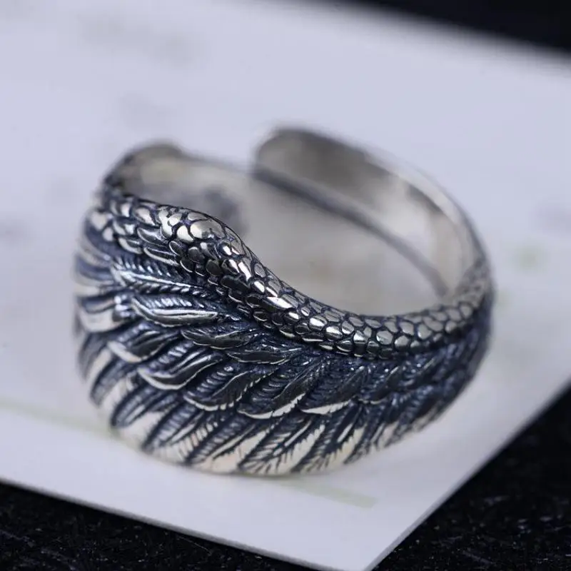 Tanie Oryginalne 925 Sterling Silver Biker Rings dla mężczyzn i kobiet Vintage Thai Silver Feather Rings Resizable biżuteria punkowa