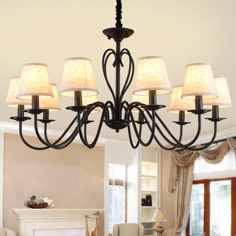 

Pastoral country American style ceiling lamp lacquer black high quality hanging linen lampshade House monastery