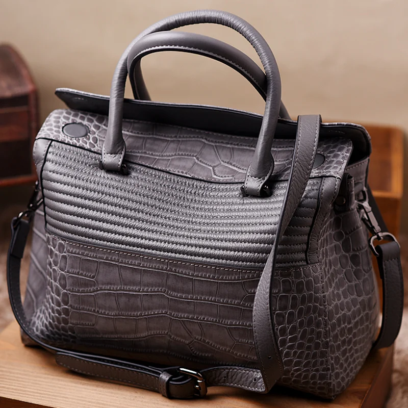 

Women Top Grain Genuine Calf Leather in Alligator Crocodile Pattern Office Ladies' Large Boston Tote Shoulder Handbag Bag WB175