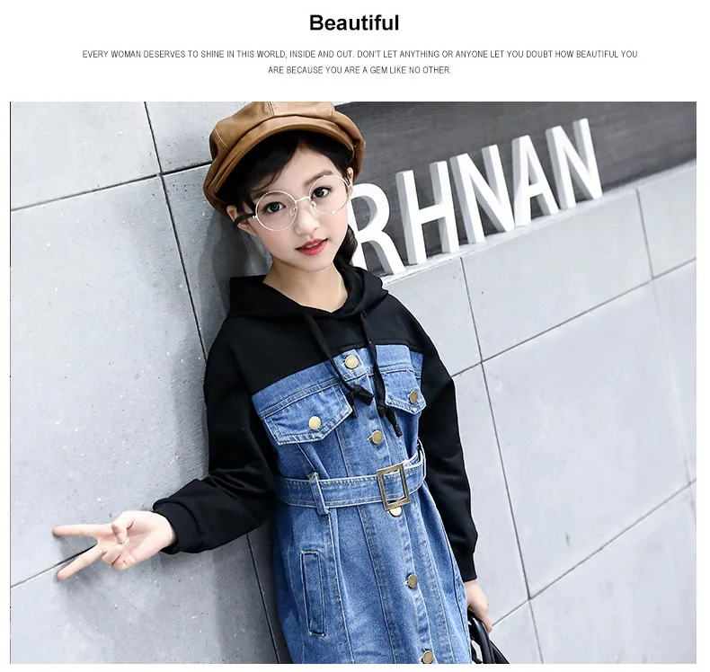 2018 New Casual Girl Dresses Fashion Spring Autumn Long Sleeve Children Clothing Teen Hooded Denim Kids Dress For Girls 14 Years (14)