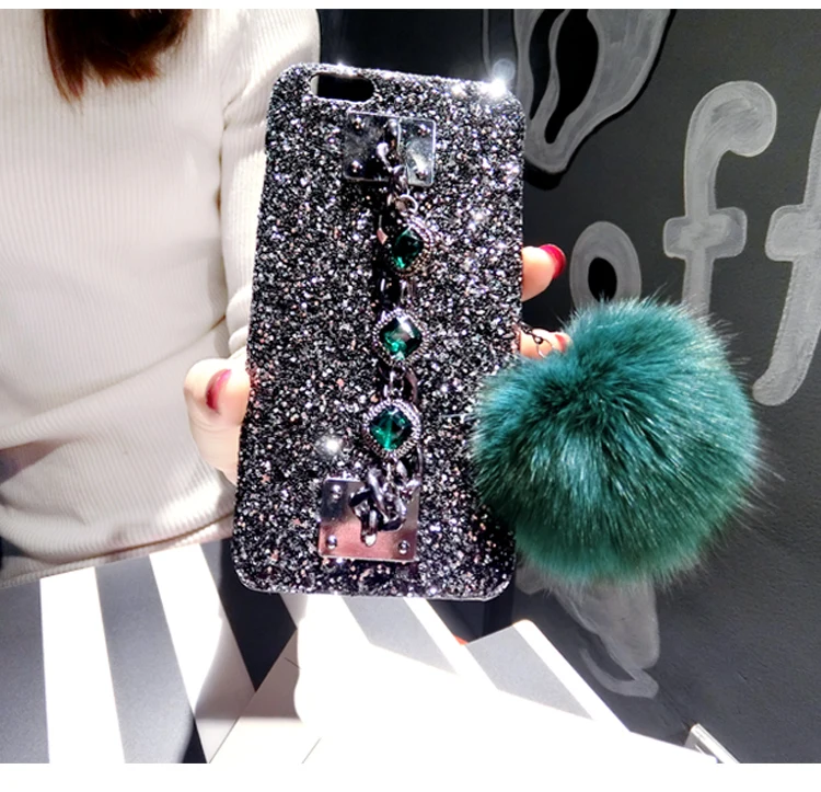 

for Iphone XR Case for iphone XS Max X 8 7 6 PLUS 5 Galaxy S8 S9 Plus Note 9 8 Lady Bling Glitter Hand Strap Chain Fur Ball Case