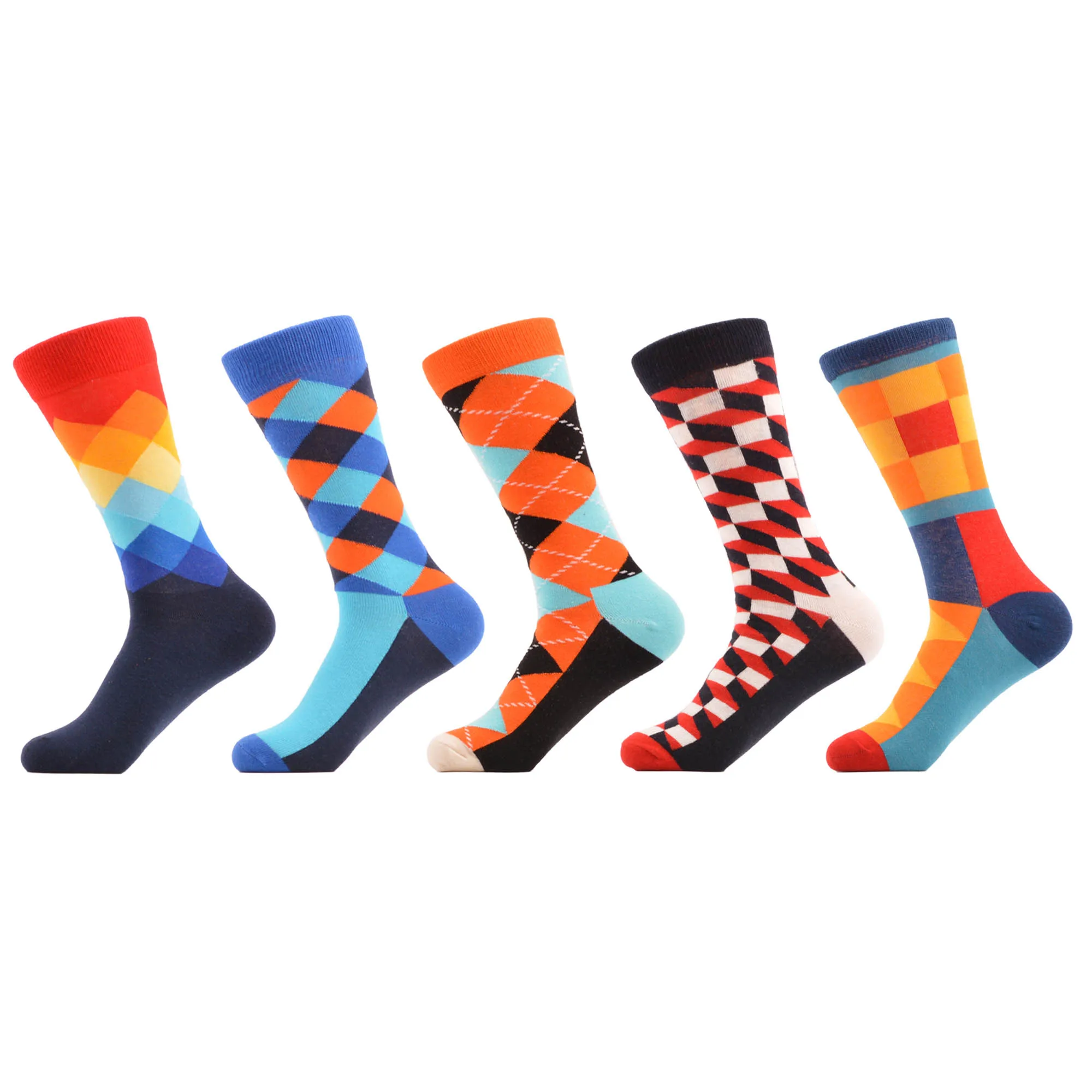 SANZETTI Men's Colorful Combed Cotton Happy Novelty Socks Hip Hop High Quality Skateboard Plaid Geometric Funny Socks For Gifts - Цвет: 05101 (5 pairs)