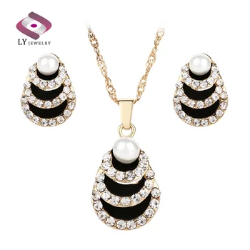 

Luxury Indian Jewelry 2pcs Sets Black Enamel Pearl Necklaces And Earrings Gold Color Inlaid Artificial Zircons Engagement Gift