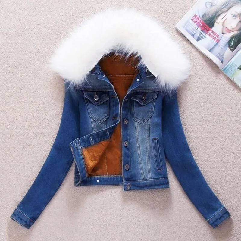 

Denim Jacket 2019 Thick Velvet Coat Jeans Jacket Women Winter Clothes Autumn Fur Short Slim Coats Chaqueta Mujer New elegant