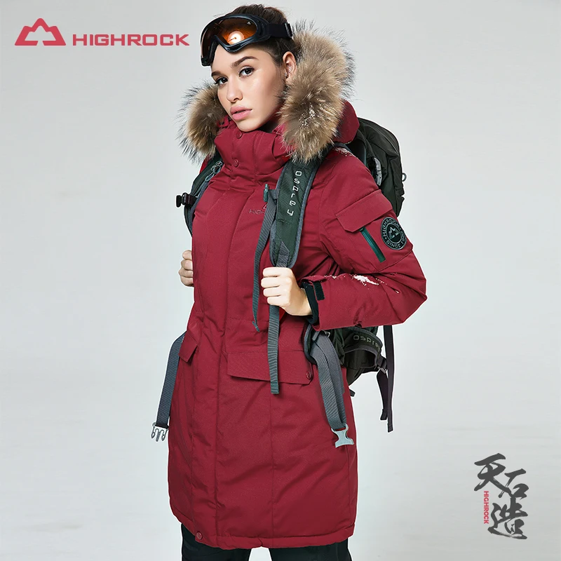 HIGHROCK зимнее женское теплое гусиное пуховое пальто Длинная парка водостойкая куртка с меховым воротником и капюшоном