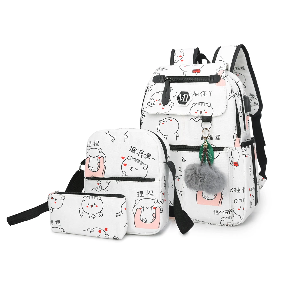 Mochila de lona de carga USB 2019 3 unids/set mochilas escolares de mujer para adolescentes hombre bolso de libro de estudiante mochila para niños