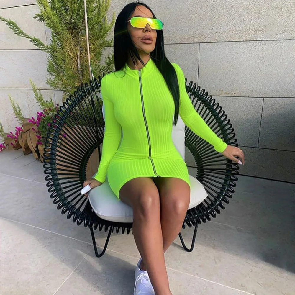 

Shestyle Zip Up Autumn Dress Women Long Sleeve Turtleneck Bodycon Solid High Neck Woven Stretch Club Party Dress Streetwear 2019
