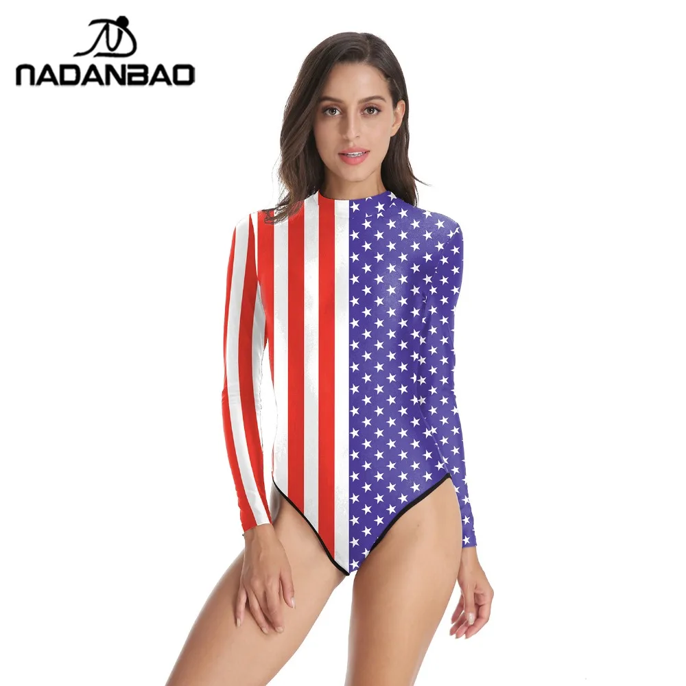 

Новинка 2023, Модный женский купальник Nadanbao, слитный купальник с длинными рукавами и принтом в виде флага на День Независимости
