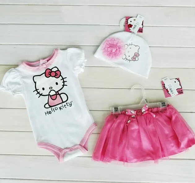 Retail Cartoon KT romper hat tulle tutu skirt 3pcs set Infants quality rompers girls jumpsuits flowers caps 041415 | Мать и ребенок