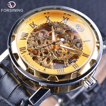 

Forsining Retro Golden Skeleton Wristwatch Men's Mechanical Watch Automatic Self-wind Movement Black Genuine Leather Strap