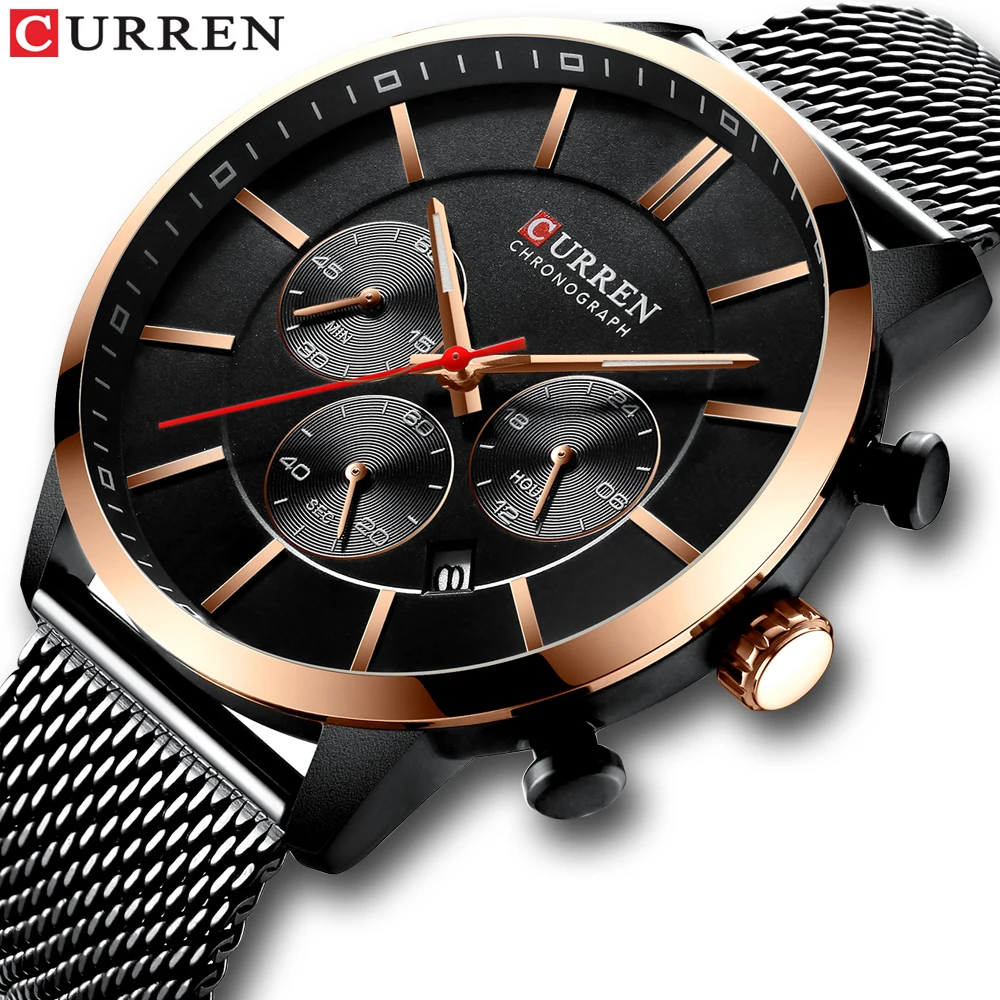 

CURREN Fashion Men Watch Creative Black 3 Sub Dial Watches Date Waterproof Stainless Steel Mesh Band Luxury Quartz Clock For Man