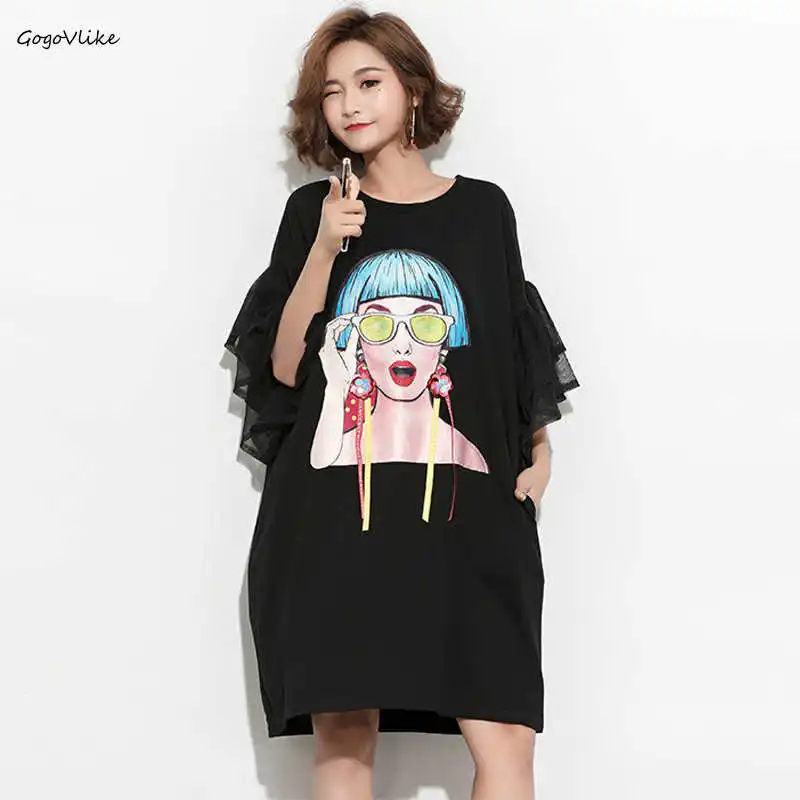 

Cute Sunglass FAHION GIRL dress 2019 new summer Black loose Tassel Shirt Dress Flare Sleeve Women Designer Clothing LT071S50