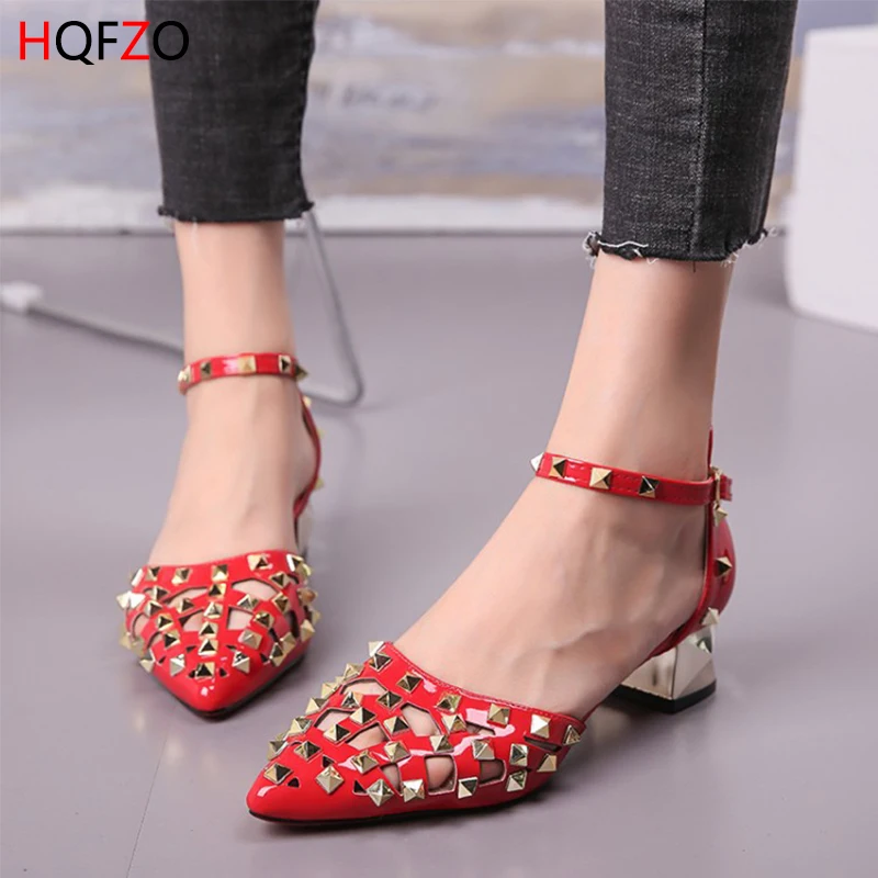 Clearance Womens Casual Rivet Buckle Strap Sandals Pointed Toe Low Heels Shoes
