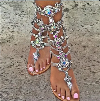 

Luxury Shinny Rhinestone Flat Gladiator Sandals Bohemia Style Crystal Clip-toe Summer Strap Sandal Boots Shoes Sexy Lady Shoes