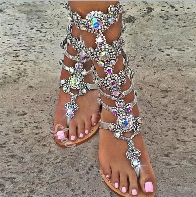 Luxury Shinny Rhinestone Flat Gladiator Sandals Bohemia Style Crystal ...