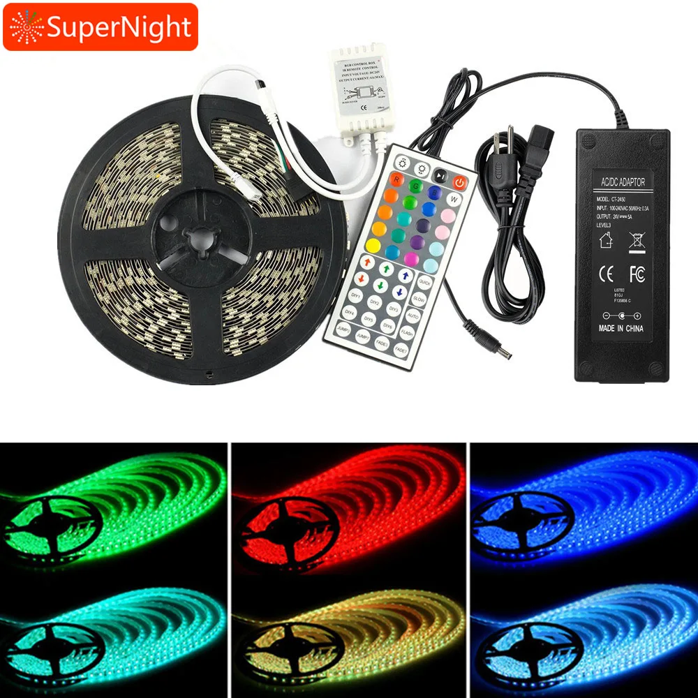 

SuperNight 10M 5050 SMD RGB LED Strip Light Kit 60LEDs/m DC 24V Flexible Lamp Band with 44 Keys Controller Power Adapter US EU