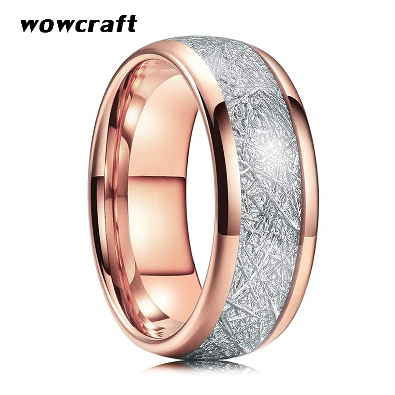

8mm Rose Gold Tungsten Carbide Ring for Men Women Wedding Bands Rings Meteorite Inlay Dome Polished Shiny Comfort Fit