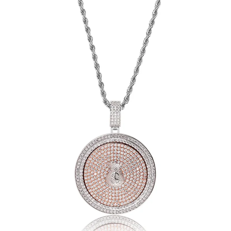 

Round Spinner Pendant Necklace AAA Zircon Purse Mens Necklace With Chain Fashion Hip Hop Jewelry