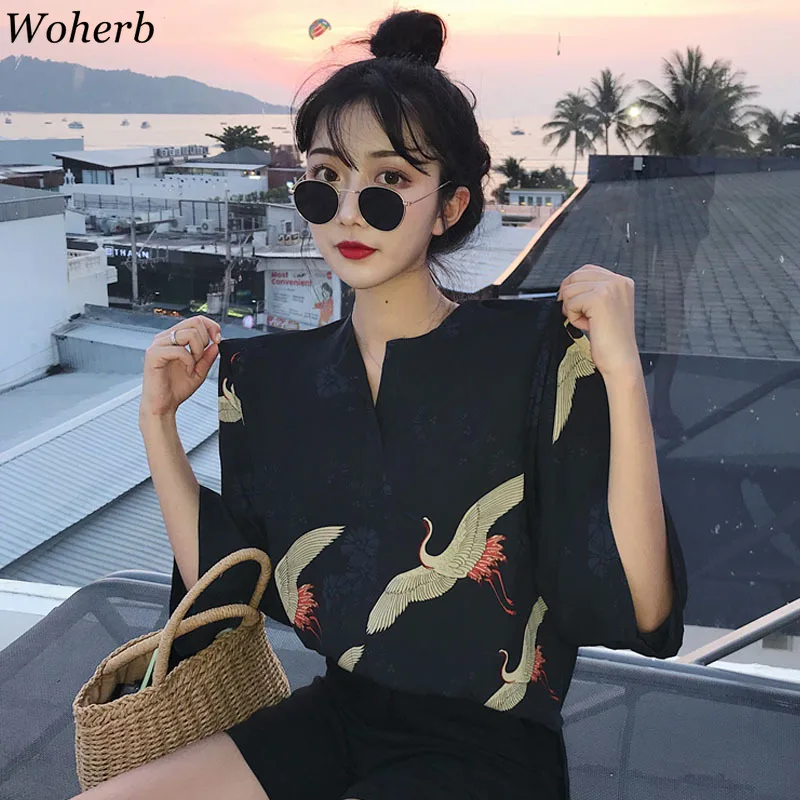 

Woherb Harajuku Chiffon Shirt Women Retro Crane Print Japanese Style Blusas 2019 Summer Loose Ladies Tops Roupa Feminina 21475