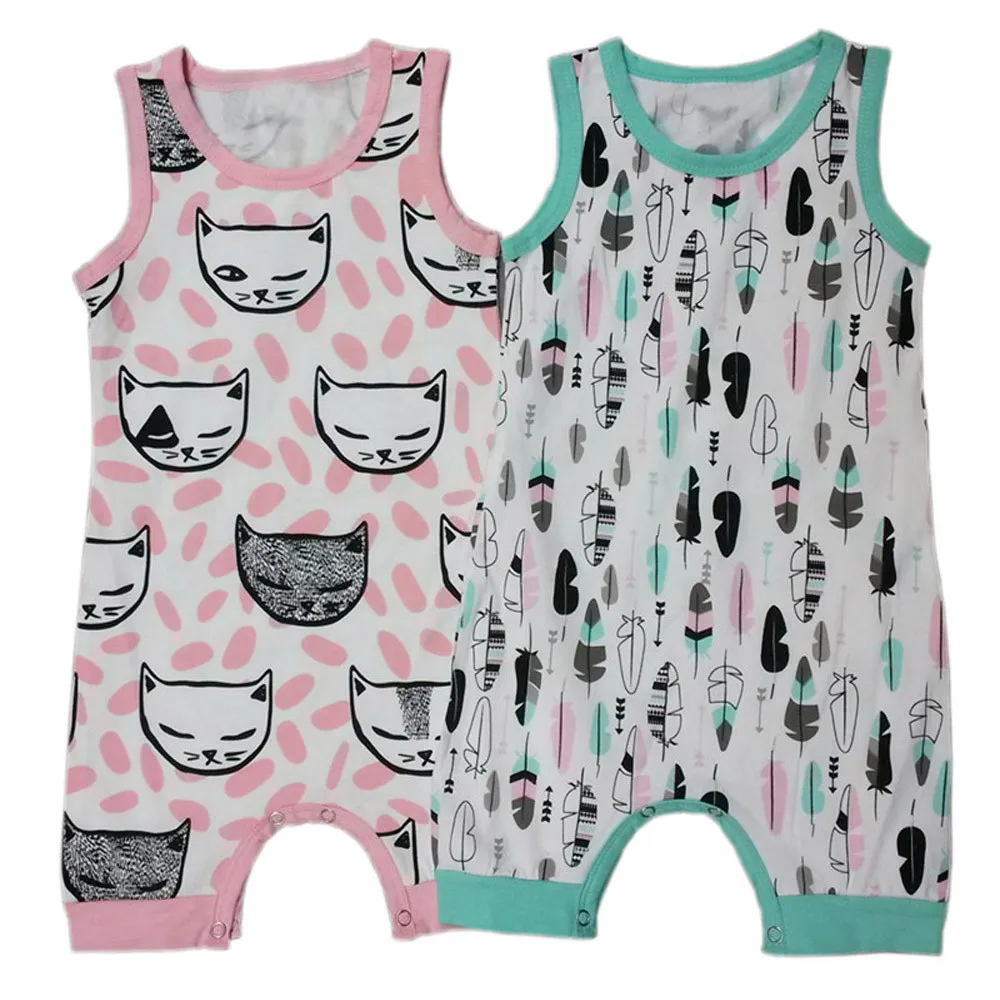 

Lovely Newborn Infant Kids Boy Girl Cartoon Printed Romper Jumpsuit Clothes Sleeveless Cat Feather Print Baby Rompers for Summer
