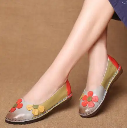 TIMETANG лето осень мода цветочный дизайн круглый носок разноцветные туфли на плоской подошве винтажные женские туфли из натуральной кожи на плоской подошве Лоферы для девочек - Цвет: Серый