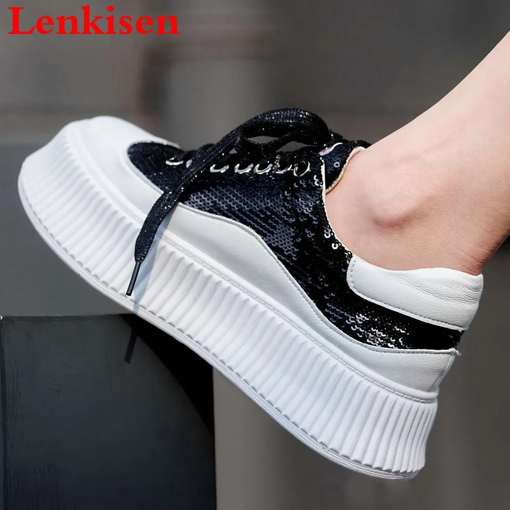 

Lenkisen 2019 recommend plus size mixed colors med bottom round toe lace up sneakers concise style women vulcanized shoes L28
